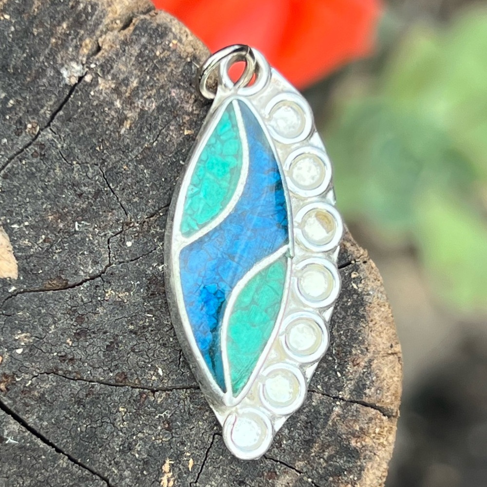 Vintage Alpaca Mexico Inlaid Southwestern Pendant